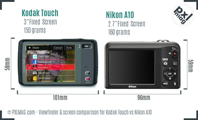 Kodak Touch vs Nikon A10 Screen and Viewfinder comparison