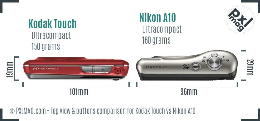 Kodak Touch vs Nikon A10 top view buttons comparison