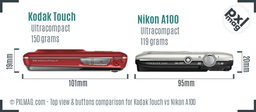 Kodak Touch vs Nikon A100 top view buttons comparison
