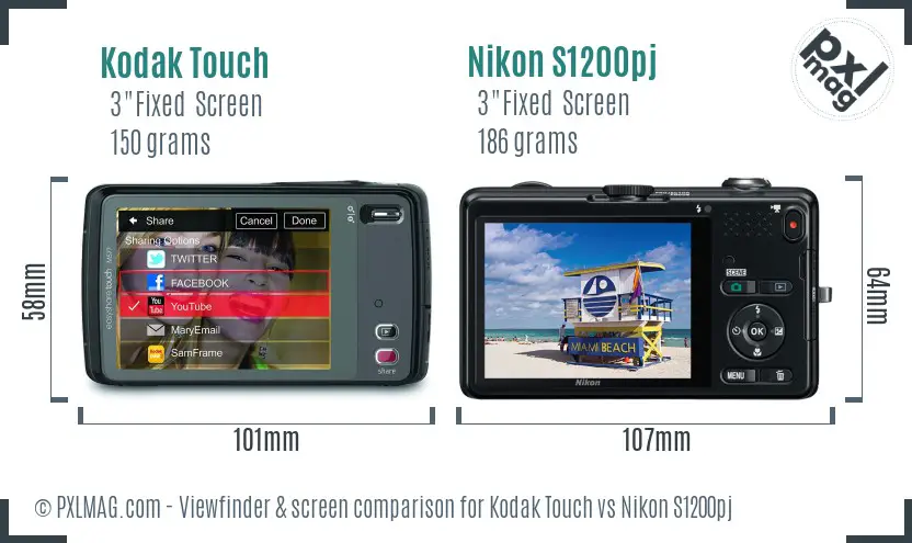 Kodak Touch vs Nikon S1200pj Screen and Viewfinder comparison