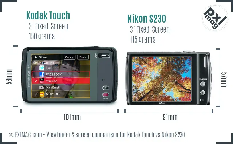 Kodak Touch vs Nikon S230 Screen and Viewfinder comparison