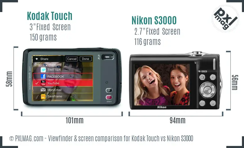 Kodak Touch vs Nikon S3000 Screen and Viewfinder comparison