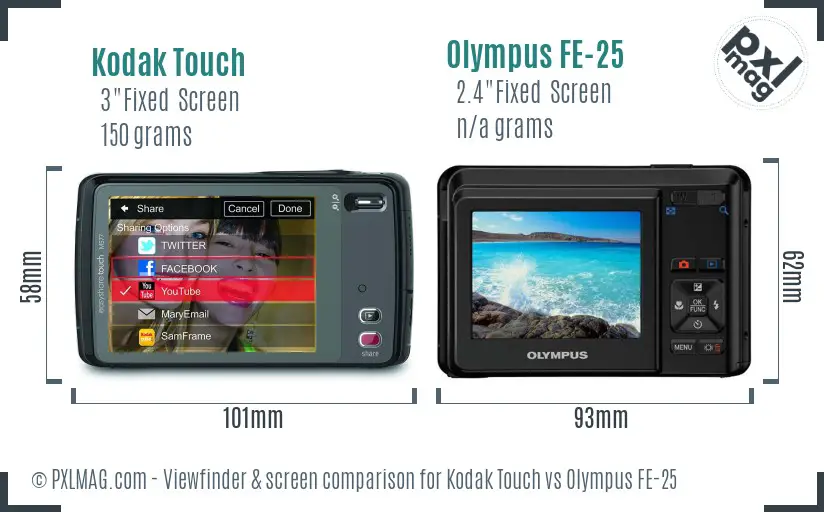 Kodak Touch vs Olympus FE-25 Screen and Viewfinder comparison