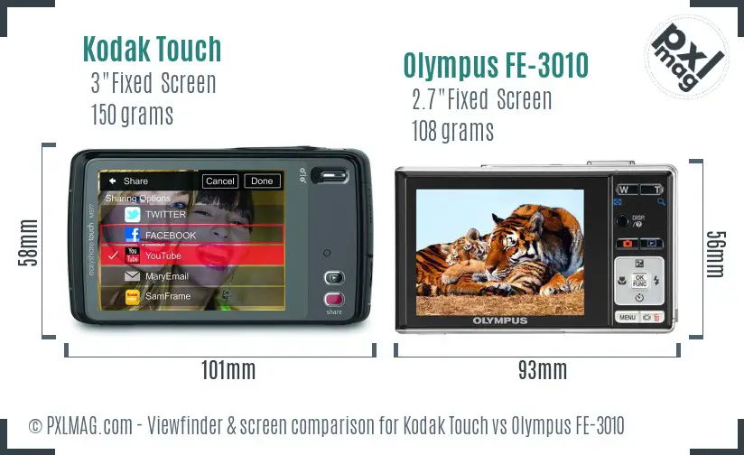Kodak Touch vs Olympus FE-3010 Screen and Viewfinder comparison