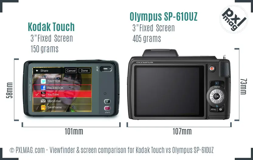 Kodak Touch vs Olympus SP-610UZ Screen and Viewfinder comparison
