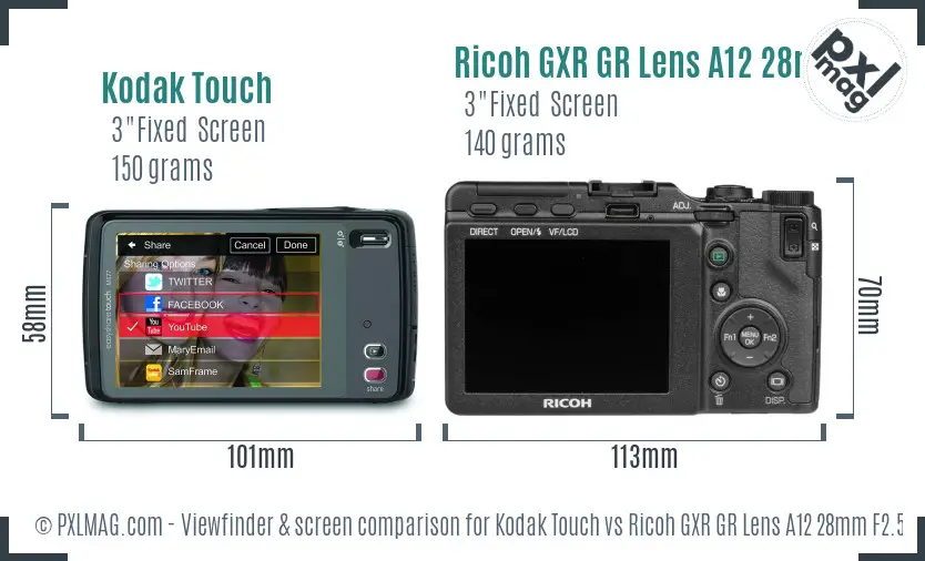 Kodak Touch vs Ricoh GXR GR Lens A12 28mm F2.5 Screen and Viewfinder comparison