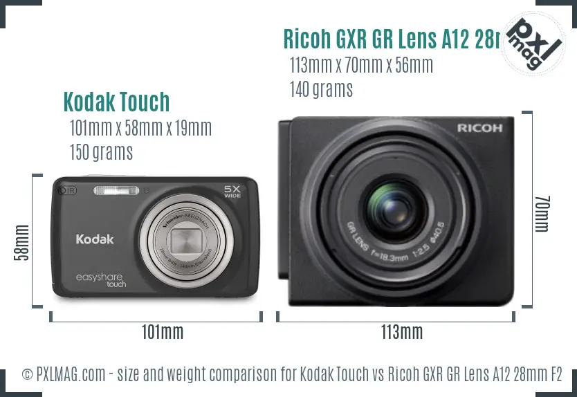 Kodak Touch vs Ricoh GXR GR Lens A12 28mm F2.5 size comparison