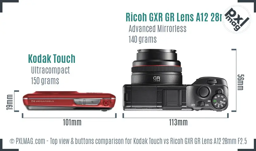 Kodak Touch vs Ricoh GXR GR Lens A12 28mm F2.5 top view buttons comparison