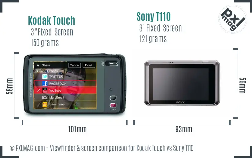 Kodak Touch vs Sony T110 Screen and Viewfinder comparison