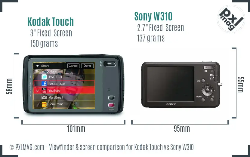 Kodak Touch vs Sony W310 Screen and Viewfinder comparison Kodak Touch vs Sony W310 Screen and Viewfinder comparison