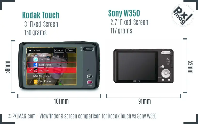 Kodak Touch vs Sony W350 Screen and Viewfinder comparison