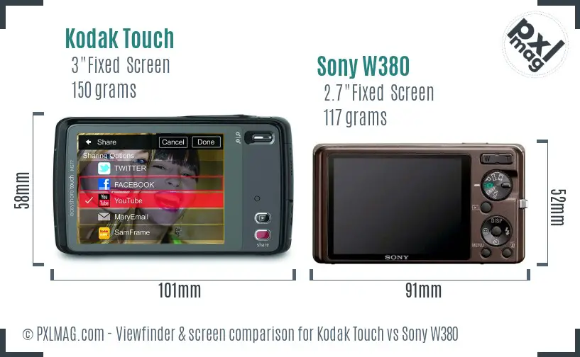 Kodak Touch vs Sony W380 Screen and Viewfinder comparison