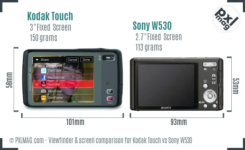 Kodak Touch vs Sony W530 Screen and Viewfinder comparison