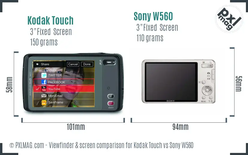 Kodak Touch vs Sony W560 Screen and Viewfinder comparison