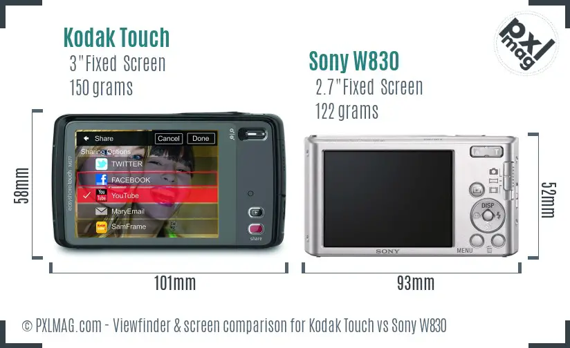 Kodak Touch vs Sony W830 Screen and Viewfinder comparison
