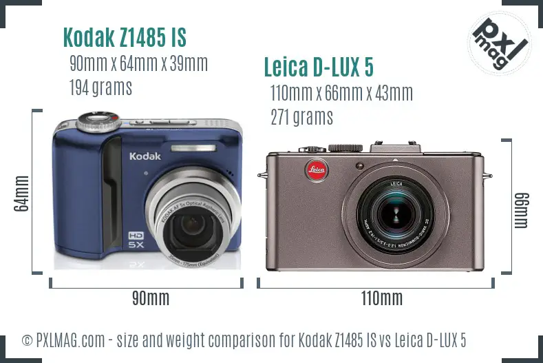 Kodak Z1485 IS vs Leica D-LUX 5 size comparison