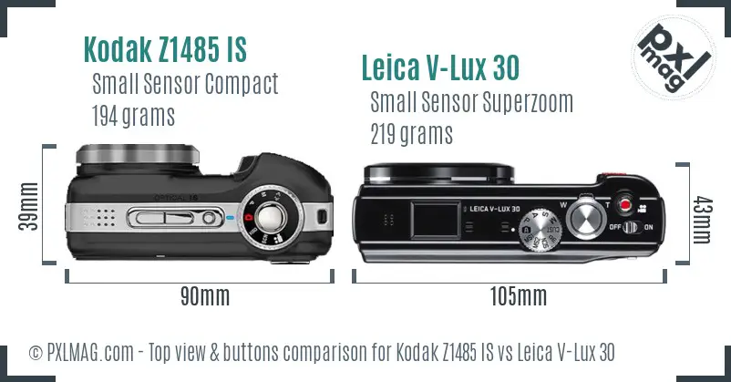 Kodak Z1485 IS vs Leica V-Lux 30 top view buttons comparison