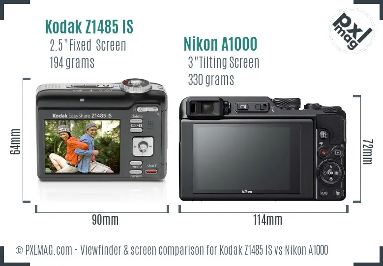 Kodak Z1485 IS vs Nikon A1000 Screen and Viewfinder comparison