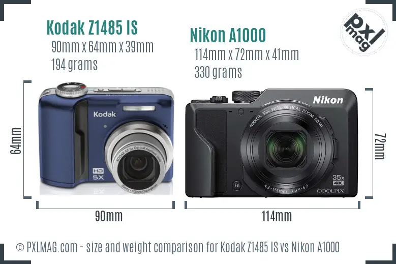 Kodak Z1485 IS vs Nikon A1000 size comparison