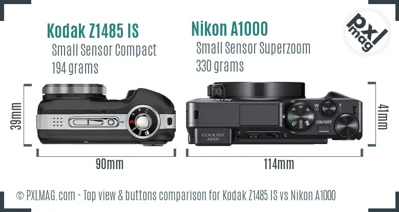 Kodak Z1485 IS vs Nikon A1000 top view buttons comparison