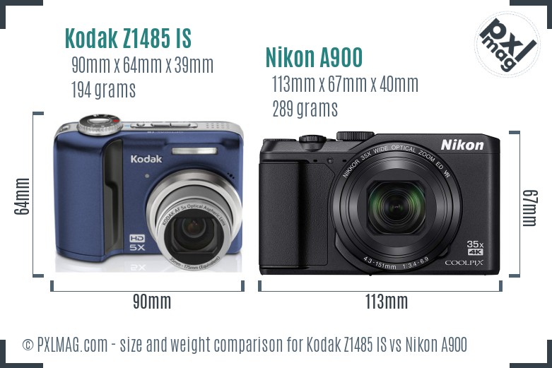 Kodak Z1485 IS vs Nikon A900 size comparison