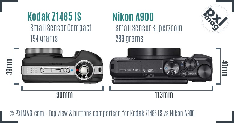 Kodak Z1485 IS vs Nikon A900 top view buttons comparison