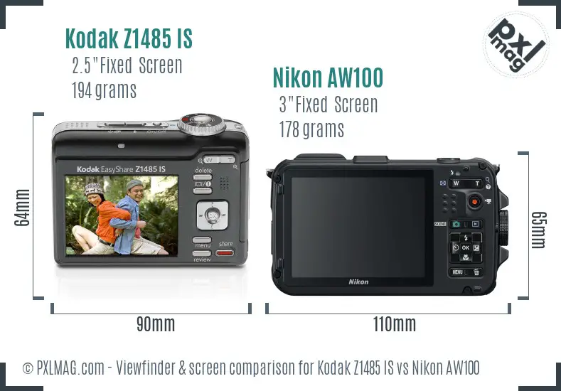 Kodak Z1485 IS vs Nikon AW100 Screen and Viewfinder comparison Kodak Z1485 IS vs Nikon AW100 Screen and Viewfinder comparison