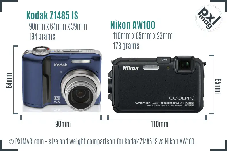 Kodak Z1485 IS vs Nikon AW100 size comparison Kodak Z1485 IS vs Nikon AW100 size comparison