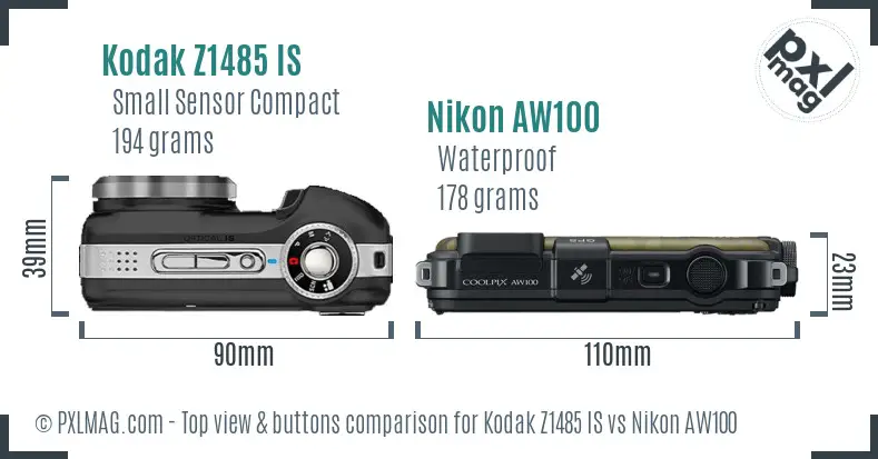 Kodak Z1485 IS vs Nikon AW100 top view buttons comparison Kodak Z1485 IS vs Nikon AW100 top view buttons comparison