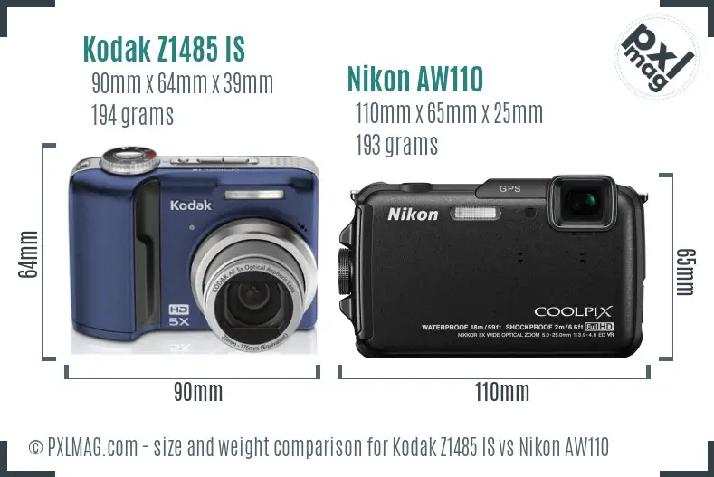 Kodak Z1485 IS vs Nikon AW110 size comparison