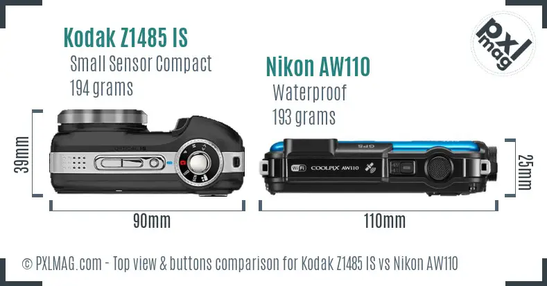 Kodak Z1485 IS vs Nikon AW110 top view buttons comparison