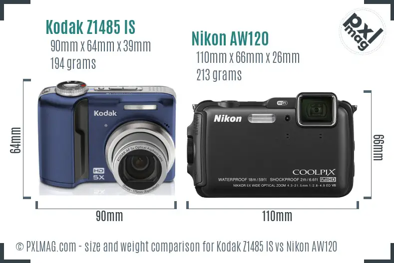 Kodak Z1485 IS vs Nikon AW120 size comparison Kodak Z1485 IS vs Nikon AW120 size comparison