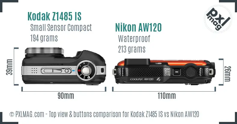 Kodak Z1485 IS vs Nikon AW120 top view buttons comparison
