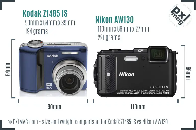 Kodak Z1485 IS vs Nikon AW130 size comparison