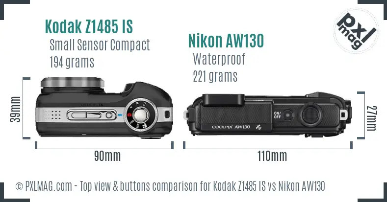 Kodak Z1485 IS vs Nikon AW130 top view buttons comparison