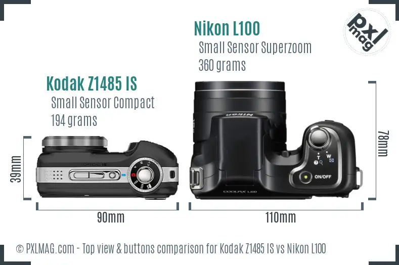 Kodak Z1485 IS vs Nikon L100 top view buttons comparison Kodak Z1485 IS vs Nikon L100 top view buttons comparison