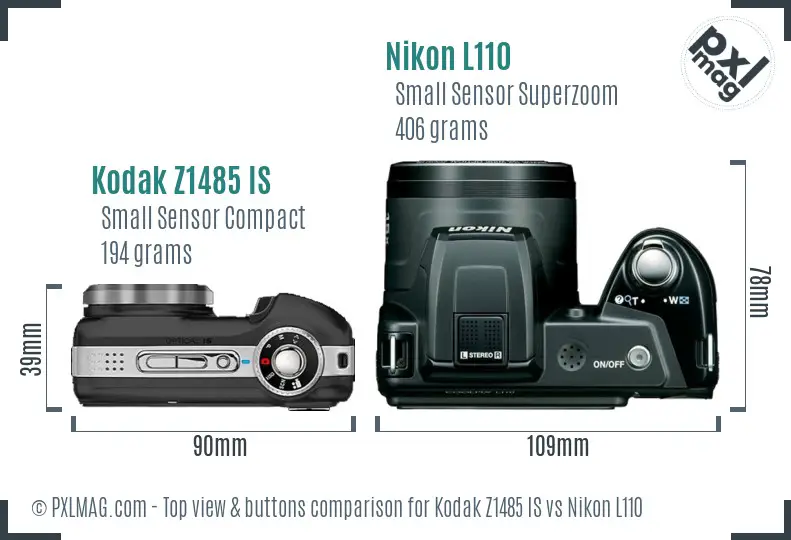 Kodak Z1485 IS vs Nikon L110 top view buttons comparison Kodak Z1485 IS vs Nikon L110 top view buttons comparison