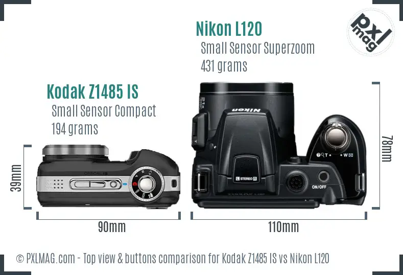 Kodak Z1485 IS vs Nikon L120 top view buttons comparison Kodak Z1485 IS vs Nikon L120 top view buttons comparison