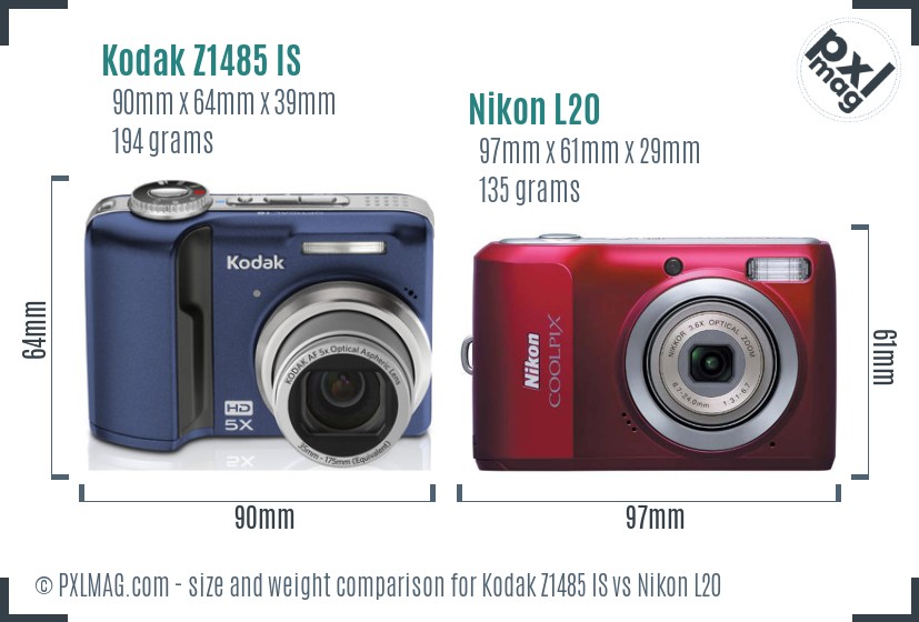 Kodak Z1485 IS vs Nikon L20 size comparison