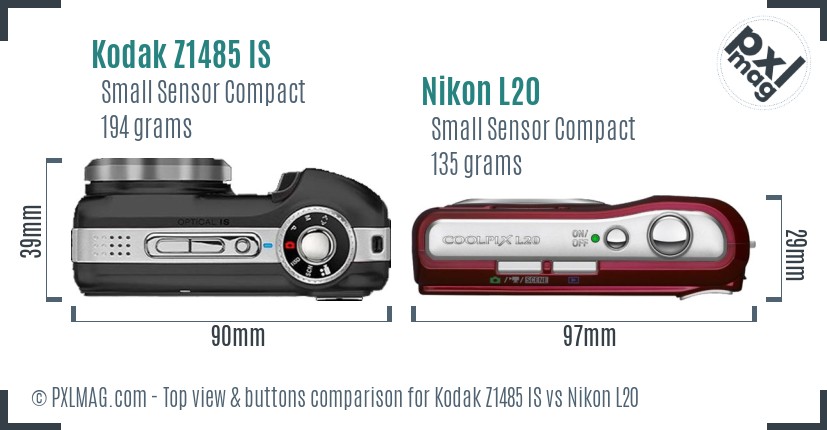 Kodak Z1485 IS vs Nikon L20 top view buttons comparison