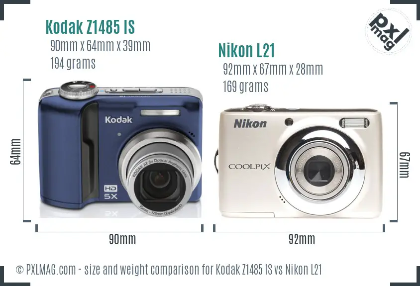 Kodak Z1485 IS vs Nikon L21 size comparison