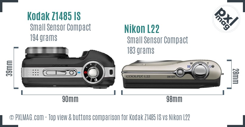 Kodak Z1485 IS vs Nikon L22 top view buttons comparison