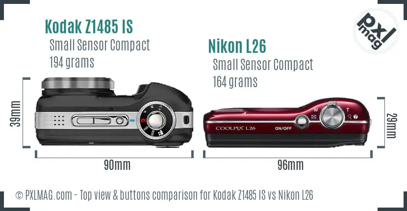 Kodak Z1485 IS vs Nikon L26 top view buttons comparison Kodak Z1485 IS vs Nikon L26 top view buttons comparison