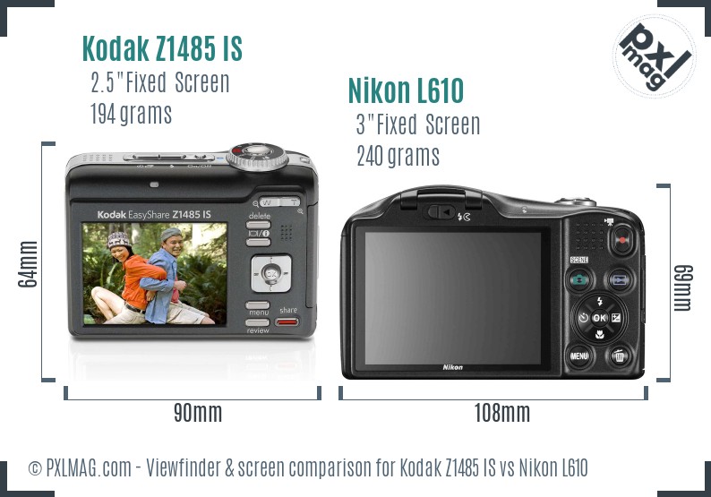 Kodak Z1485 IS vs Nikon L610 Screen and Viewfinder comparison