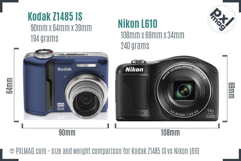 Kodak Z1485 IS vs Nikon L610 size comparison