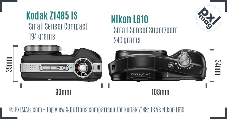 Kodak Z1485 IS vs Nikon L610 top view buttons comparison