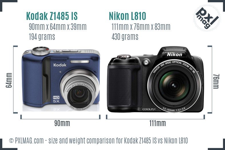 Kodak Z1485 IS vs Nikon L810 size comparison