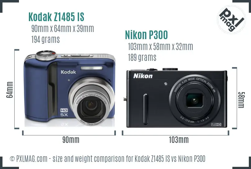 Kodak Z1485 IS vs Nikon P300 size comparison