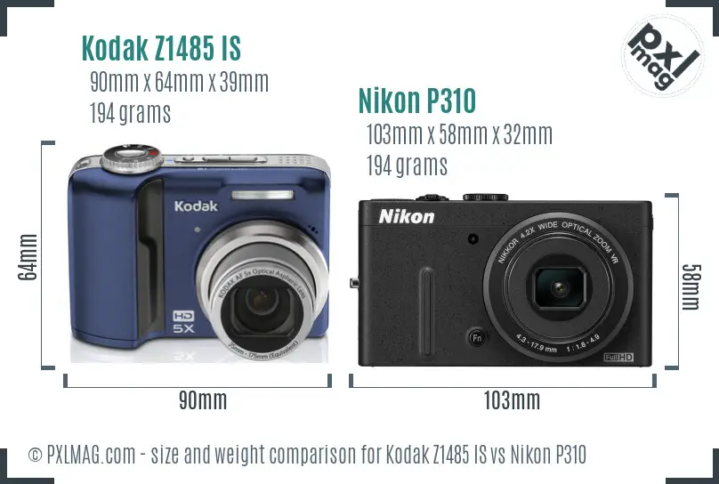 Kodak Z1485 IS vs Nikon P310 size comparison