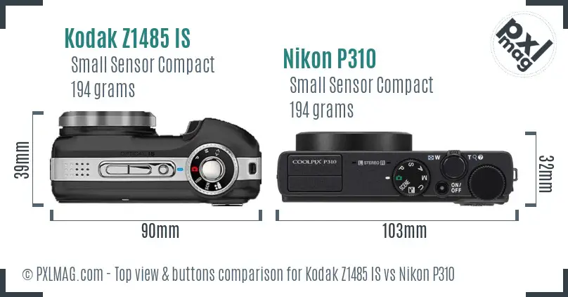 Kodak Z1485 IS vs Nikon P310 top view buttons comparison